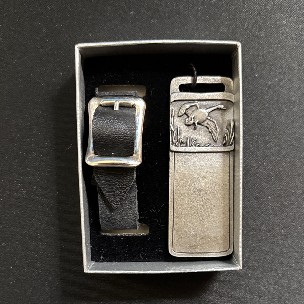 Black Leather Luggage Tag Sterling Silver Buckle/Pewter Duck Tag